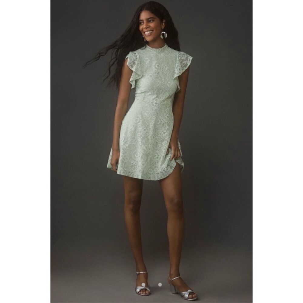 Maeve Sleeveless Mock-Neck Mini Dress Flutter Sleeves Moss Green Size S